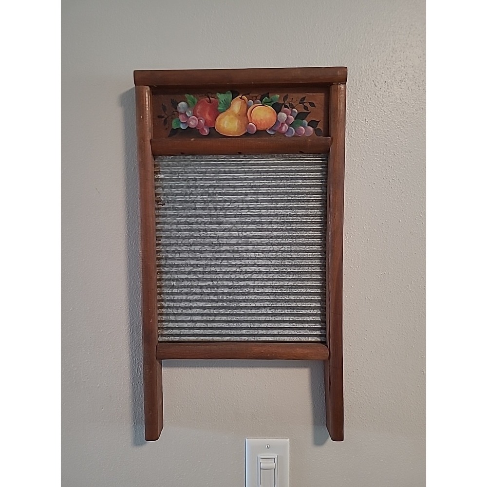 Vintage Washboard Wood Metal Fruits‎ Painting Apple Pear Orange Grapes 23" 12.5"